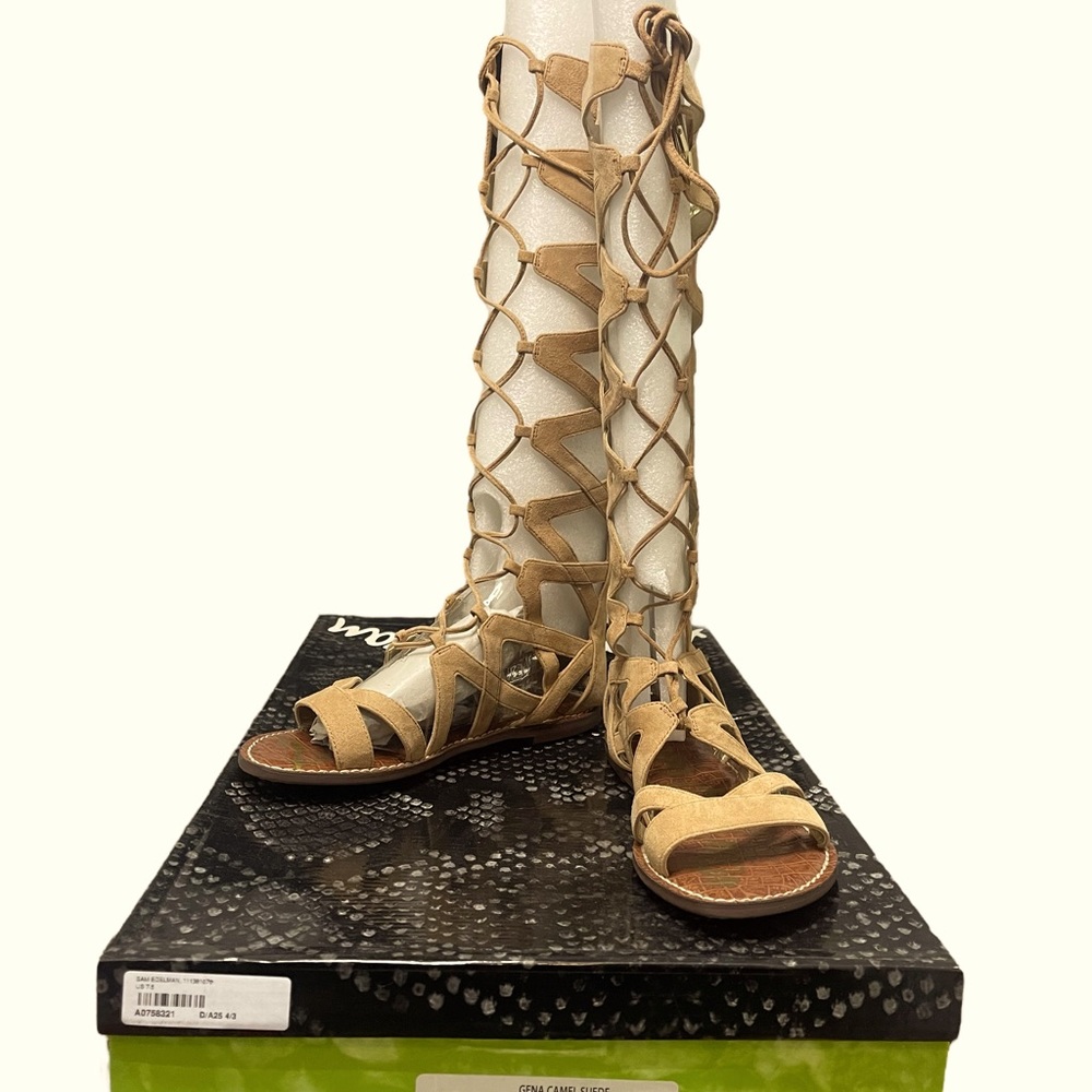 SAM EDELMAN TAN LEATHER OPEN TOE GLADIATOR KNEE HIGH BOOT/SANDALS Sz 7.5M
